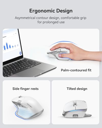 TECKNET Wireless Mouse, Bluetooth Mouse (BT5.3/5.0 & 2.4G) Rechargeable Ergonomic Optical Mouse with 6 Adjustable DPI, Side Scroll, Quiet Clicks, USB A Receiver, 7 Buttons, Wide Compatibility - White - color: Light White