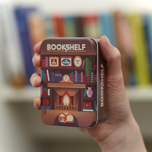 Alley Cat Games Bookshelf, Ages 8+, 2-4 Players | Cooperative Stacking Game, Skill & Balance Card and Book Tower Game in Travel Tin, Cooperative Tabletop Challenge