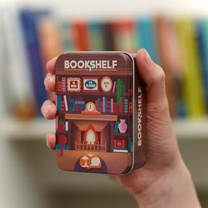 Alley Cat Games Bookshelf, Ages 8+, 2-4 Players | Cooperative Stacking Game, Skill & Balance Card and Book Tower Game in Travel Tin, Cooperative Tabletop Challenge