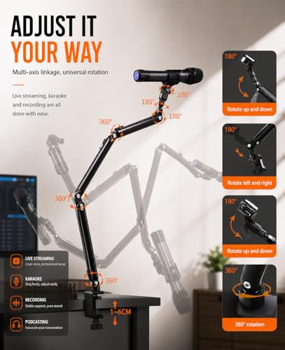 Low Profile Mic Arm for Lightweight Mics, Foldable Boom Arm with Desk Clamp, Mic Clip & 1/4" 3/8" 5/8" Adapters, 360° Metal Ball Head for Podcasting, Streaming & Gaming