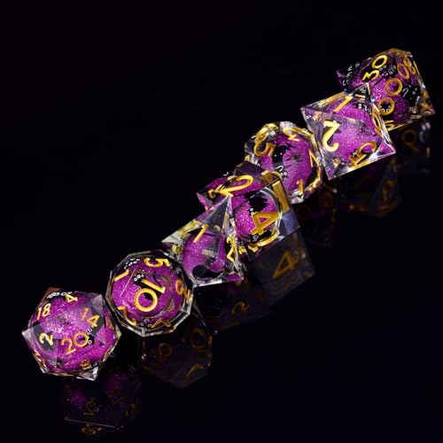 Liquid Core DND Dice Set, 7 Pcs Resin Sharp Edge Polyhedral Dice Quicksand Cat D&D Dice for Dungeons and Dragons RPG Role Playing Table Games