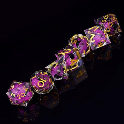 Liquid Core DND Dice Set, 7 Pcs Resin Sharp Edge Polyhedral Dice Quicksand Cat D&D Dice for Dungeons and Dragons RPG Role Playing Table Games