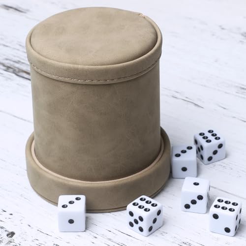 Brown Suede Faux Leather Dice Cup with Lid, Soft Felt Interior Quiet Dice Shaker Cup with 6 Dice for Liars Dice/Farkle/Yahtzee Games, 1 Pack - color: Suede Brown