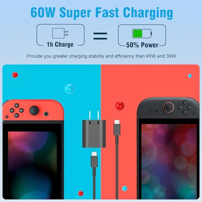Charger for Nintendo Switch 2-20V 3A 60W AC Adapter Fast Charging with 10FT USB C Cable - Compatible with Switch/OLED/Lite/Steam Deck, Support 4K TV Mode, Foldable Plug - size: 10FT