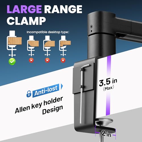 CAHAYA Desk Mount Mic Arm, Low Profile Boom Stand for Streaming, Black | Supports Mics Up to 5.5lb for Podcasting Recording Meetings Compatible with Shure SM7B, BlueYeti, FIFINE, HyperX QuadCast