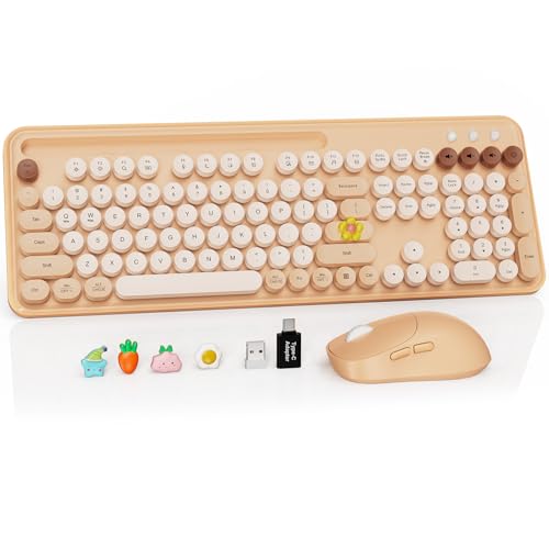 Wireless Keyboard and Mouse Combo, Retro Round Keycaps, Full-Size Typewriter Keyboard with Phone/Tablet Holder, Ergonomic Mouse with 3-Level DPI, 2.4GHz Connection for Windows/PC (Beige Colorful) | Full-Size Retro Typewriter-Style Keyboard, Tilt Legs, Aut