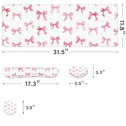 Desk Pad and Keyboard Wrist Rest, Large Mouse Pad + Keyboard Pad+Mouse Wrist Support, Non-Slip Desk Mat Protector for Office, Home 31.5×11.8 Inches Pink Bow - color: Pink Bow