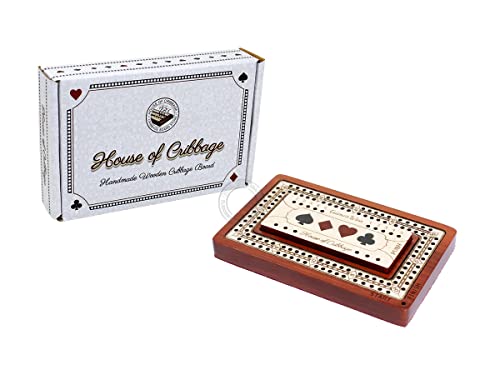 House of Cribbage - 2 Track - Wooden Travel/Pocket Size Cribbage Board - 4 Inch - Inlaid in Bloodwood/Maple Wood with Storage Space for Cribbage Pegs - 60 Points - Non Continuous