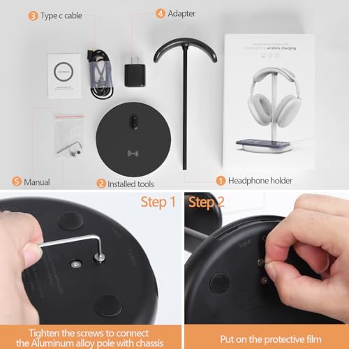 Headphone Stand with Wireless Charger, Gaming Headset Holder Hanger Rack 2 IN 1 Wireless Charging Station Dock for iPhone 15/14/13/12/11 Series, Samsung, AirPods Pro/3/2 and Desk All Headphones, Black - color: A-Black