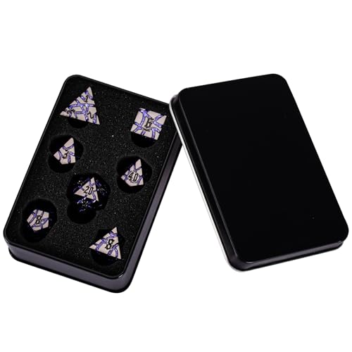 Cracked Rune Metal Dice Set for DND & RPG – Dark Fantasy Fractured Design, Premium Heavy Metal Polyhedral Dice with Deep Engraved Numbers, 7-Piece Set – Purple Arcane Vein - color: Black Nickel Purple