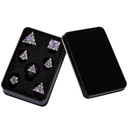 Cracked Rune Metal Dice Set for DND & RPG – Dark Fantasy Fractured Design, Premium Heavy Metal Polyhedral Dice with Deep Engraved Numbers, 7-Piece Set – Purple Arcane Vein - color: Black Nickel Purple