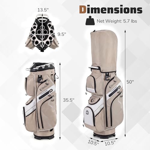 Goplus Lightweight Golf Cart Bag, Molded Lock Top Golf Club Bag w/14-Way Full Length Organizer Dividers, 11 Pockets, Cooler Bag, Straps, Umbrella Holder & Rain Hood for Men Women - color: Khaki+White