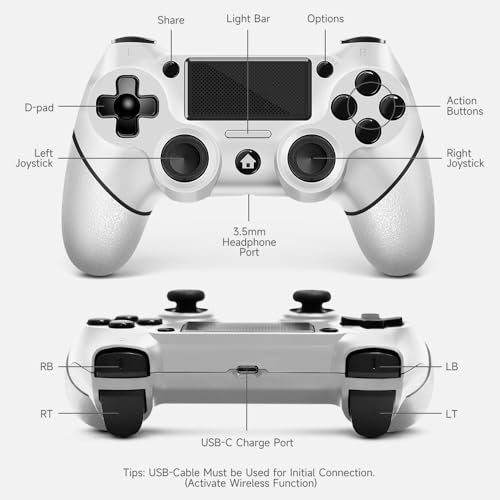 AceGamer 2 Pack for PS4 Controller, Wireless Controllers for PS4/Pro/Slim/PC, with Non-Slip Grip of Both Sides and 2 USB-C Cable! (White * 2) - color: White