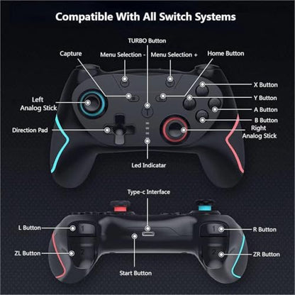 Matbip Wireless Controller for Switch/Switch Lite/Switch OLED/Switch 2, Wireless controller with 2 back buttons, 3-level TURBO adjustable(blue&red) - color: 1 blue&red