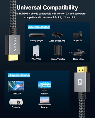 IVANKY 10K 8K HDMI 2.1 Cable 4ft, Ultra High Speed HDMI Cable 48Gbps | [8K@60Hz, 4K@120Hz, HDCP 2.3, HDR10, eARC], Braided HDMI Cord Compatible with TV/Laptop/Monitor/PS5/Xbox/Projector, 4FT - size: 4 feet
