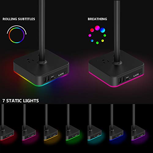 KAFRI RGB Headphone Stand with USB A&C Charger Desk Gaming Headset Holder Hanger Rack with 3 USB Charging Port and 2 Outlet - Suitable for Gamer Desktop Table Game Earphone Accessories Boyfriend Gifts - color: A-ONE STAND