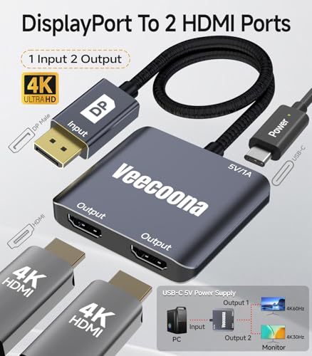 DisplayPort to Dual HDMI Adapter 1 in 2 Out | 4K60Hz | DP Source to HDMI Splitter Extended Display for Dual monitors, for Desktop,Laptop, Graphics Card - MACOS Not Support MST