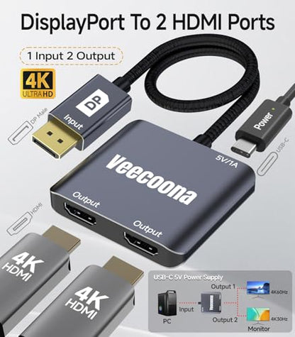 DisplayPort to Dual HDMI Adapter 1 in 2 Out | 4K60Hz | DP Source to HDMI Splitter Extended Display for Dual monitors, for Desktop,Laptop, Graphics Card - MACOS Not Support MST