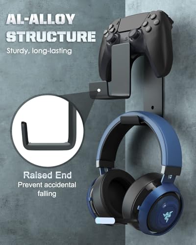 MoKo Controller Wall Mount, Dual Gamepad Headphone Hanger for Xbox PS5 | Holds 2 controllers and one headset, compatible with Xbox Series PS5 PS4 PS3 Switch and most standard gamepads - color: Black