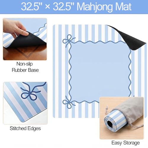 Light Blue Mahjong Mat (32.5” x 32.5”) with Carrying Bag Non Slip Noise Reduction Gaming Mat Rubber Mahjong Table Cover Accessoriesfor Poker Board Games Dominoes - color: Blue