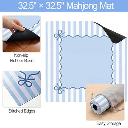 Light Blue Mahjong Mat (32.5” x 32.5”) with Carrying Bag Non Slip Noise Reduction Gaming Mat Rubber Mahjong Table Cover Accessoriesfor Poker Board Games Dominoes - color: Blue