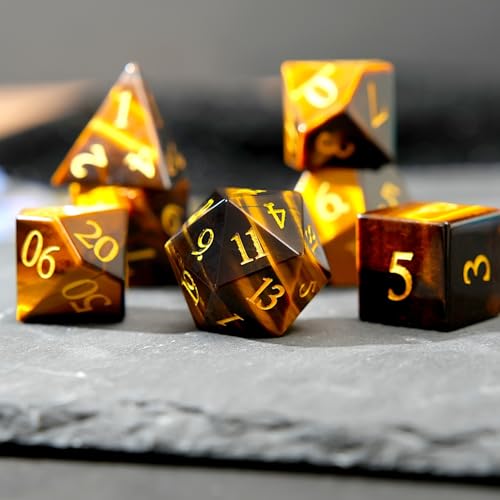 Tiger Eye Crystal DND Dice Set 7 PCS Gemstone Suitable for Dungeons and Dragons for D & D RPG Games (Tiger Eye - color: Tiger Eye