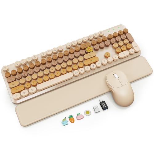 Wireless Keyboard and Mouse Combo, Magnetic Soft-Touch Wrist Rest, Round Keycaps, Full-Size Retro Typewriter Keyboard, 2-Stage Tilt Legs, Auto Sleep, 2.4GHz Cordless for Windows PC, Beige-Brown Ombre | Round Keycap, Full-Size Typewriter Style, 2.4GHz Cord