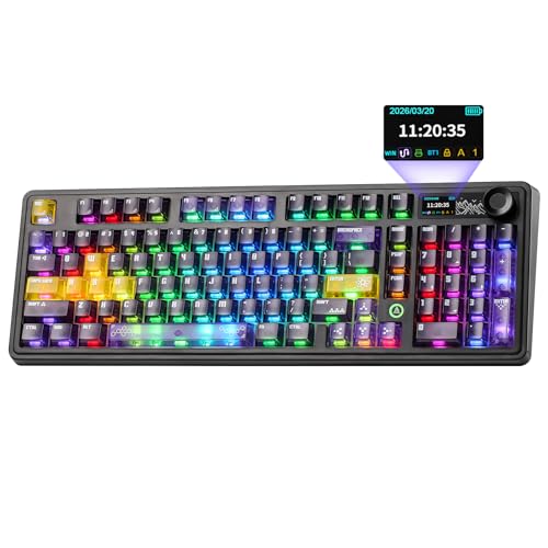 AJAZZ AK980 V2 Pro Mechanical Keyboard, 10000mAh Battery & Dual 8K Tri-Mode Gaming Keyboard with LCD Screen & Metal Knob, Hot Swappable Creamy Keyboard,for Win/Mac(Purple,Lychee Switch) - color: Purple