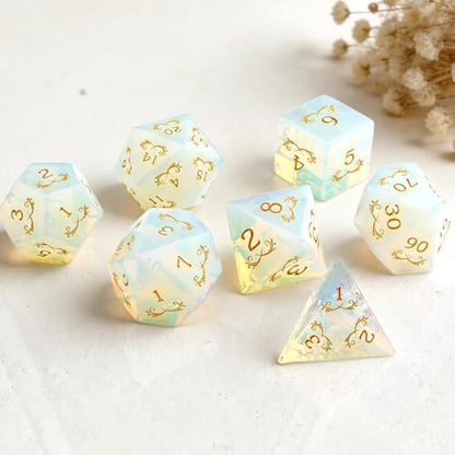 Haxtec Opal Gemstone Dice Polyhedral DND Dice Set with Premium Dice Case Compatible with Dungeons and Dragons Role Playing Board Games D&D Gift - color: White Gold- Opal Grass