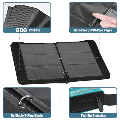 Trading Card Binder, 3-Ring Zippered for Standard 2.5"x3.5" TCG and Sports Cards, 9-Pocket Double-Sided Pages, 50 Sheets/900 Pockets, Acid-Free PVC-Free, PU Cover, Wrist Strap - Lake Art Design - color: Lake Dragon Teal