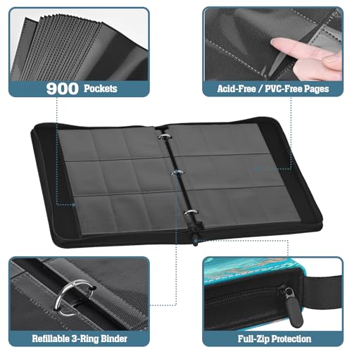 Trading Card Binder, 3-Ring Zippered for Standard 2.5"x3.5" TCG and Sports Cards, 9-Pocket Double-Sided Pages, 50 Sheets/900 Pockets, Acid-Free PVC-Free, PU Cover, Wrist Strap - Lake Art Design - color: Lake Dragon Teal