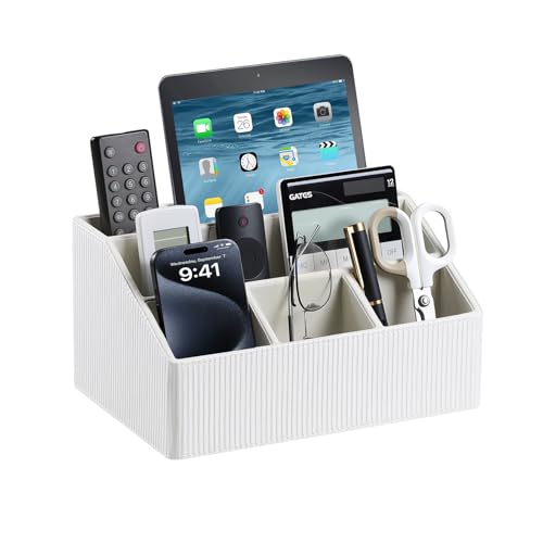 PU Leather Desk Organizer, Remote Control Holder, Ivory | Luxury Nightstand Organizer for Home, Office Desk Accessories, Bedside Table Caddy with 5 Compartments, Velvet Lining - color: Ivory
