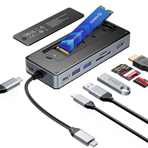 ORICO USB-C Hub with M.2 SSD Enclosure, 8-in-1 USB C Docking Station Fits M.2 NVMe/SATA SSD, 10Gbps, 4K@60Hz HDMI, 100W PD, SD/TF Card Reader - style: with SD/TF