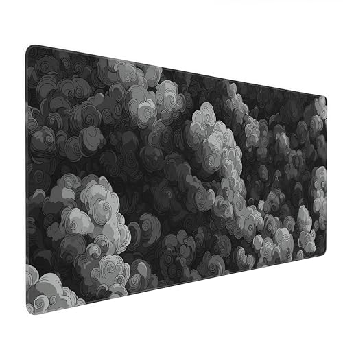 Japanese Cloud Desk Mat, Extended Gaming Mouse Pad, XL Size 35.4 x 15.7 inches, Black and Gray, Non-Slip Base - color: Auspicious Cloud