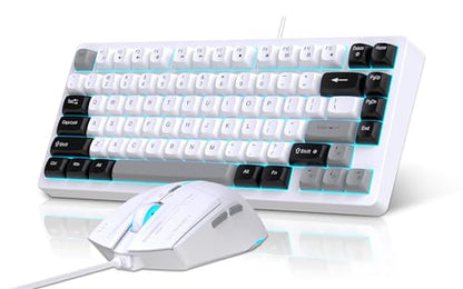 Snpurdiri 75% Wired Gaming Keyboard and Mouse Combo (Black Grey White) | 81-Key Compact Gaming Keyboard, Retro Round Keycaps Ice Blue Backlit Keyboard for Laptop, Easy to Carry on Business Trip - color: Black Grey White