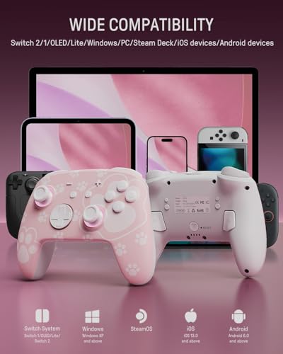 Switch Pro Controller Wireless Compatible with Nintendo Switch 2/OLED/Lite, Grily Hall Effect Controller, Firefly Bluetooth Remote Gamepad Controles Pink with 7 LED Colors/Paddle/Turbo- Cat Paw Pattern - color: Pink