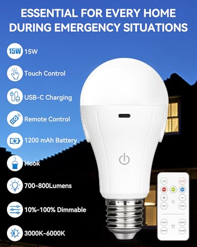 WirelessGlow Rechargeable Light Bulbs with Remote, 3 Color Temperatures and Dimmable Battery Operated Light Bulbs, Touch Control + USB Rechargeable Battery Light Bulb, A19, 2 Pack - color: 3000k-4000k-6500k, size: 2 Count (Pack of 1)
