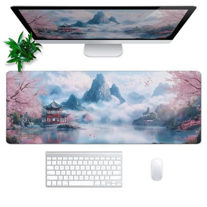 Cherry Blossom Watercolor Mouse Pad Abstract Big Mouse Pad 31.5x11.8 Inch Landscape Texture Non-Slip Rubber Base Large Mousepad Stitched Edges Keyboard Mouse Mat Desk Pad for Office and Home - color: Cherry Blossom Watercolor