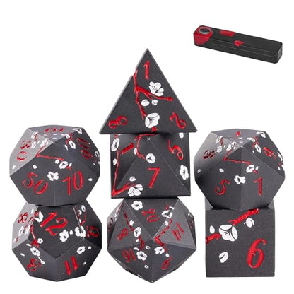 UDIXI Metal Dice Set D&D, 7PCS Flower Metal DND Dice Set Black for RPG | White Flower, Metal Case Packaging, Heavy Metal Dice, D&D Gift, for Dungeons and Dragons Role Playing Games Tabletop Games - color: Black-red