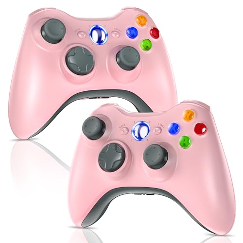 Gamrombo 2 Pack Replacement for Xbox 360 Controller, Wireless Controllers Gamepad Upgraded Joystick Compatible with 360 & Slim, Windows 11/10/8/7 PC Controller with Dual Shock, 2.5mm Audio Jack (Pink) [microsoft_xbox_360] - color: Pink+Pink