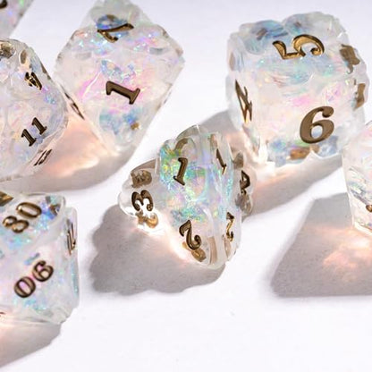 Cusdie Sharp Edge DND Dice, 7 PCS Shamrock DND Dice Set D&D D20 D12 D10 D8 D6 D4, Handcrafted Polyhedral Dice Set for RPG and Other Table Games(Transparent) - color: Transparent