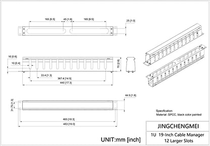 2 Pack of All Metal 1U Cable Manager with 12 Big Finger Slots | Cable Management Horizontal Rack Mount for 19-inch Server Rack or Cabinet