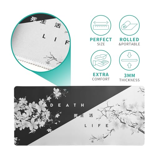 Black and White Mouse Pad 31.5 X 11.8 Inch Japanese Cherry Blossom Extended Large Mouse Mat Non-Slip Rubber Mousepad Stitched Edges Keyboard Mouse Mat Desk Pad for Office Home Game - color: Black and White