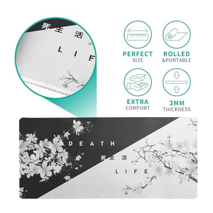Black and White Mouse Pad 31.5 X 11.8 Inch Japanese Cherry Blossom Extended Large Mouse Mat Non-Slip Rubber Mousepad Stitched Edges Keyboard Mouse Mat Desk Pad for Office Home Game - color: Black and White