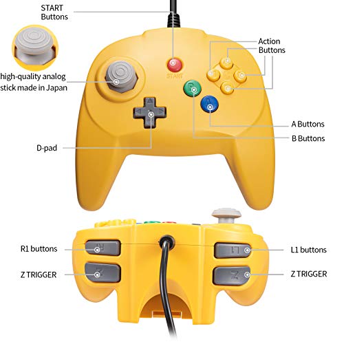 KIWITATA Retro N64 Mini Controller, Classic Wired N64 Game 64-bit Upgraded Joystick Controller for Video Game Console N64 System Yellow - color: yellow