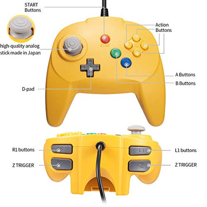 KIWITATA Retro N64 Mini Controller, Classic Wired N64 Game 64-bit Upgraded Joystick Controller for Video Game Console N64 System Yellow - color: yellow