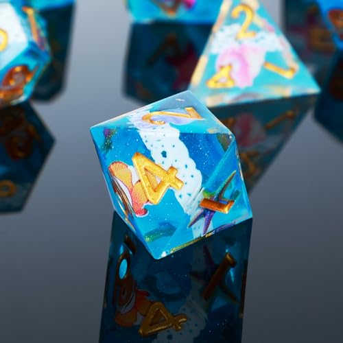 DND Dice Set 7-Pcs Sharp Edge Blue Marine Life Style Resin Dice Polyhedron Resin Sharp Edge dice Role-Playing Game RPG MTG Board Game (Marine Life - Golden) - color: Marine Life - Golden