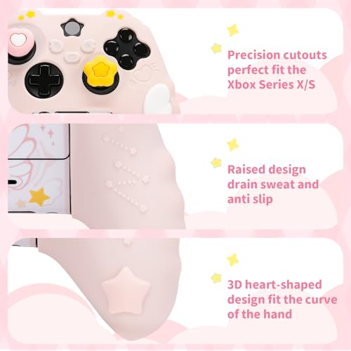 GeekShare Controller Skin Set Compatible with Xbox Series X, Soft Silicone Protective Cover with 2 Thumb Grip Caps and 2 Stickers - Star Wings Series (Pink) - color: Pink