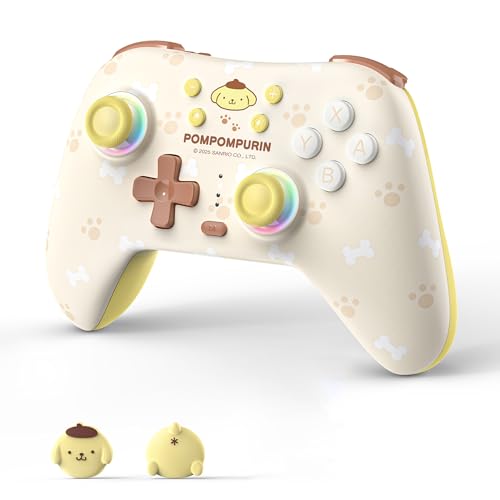 Kuitmor Pompompurin Switch Pro Controller, Cute Hall Effect Wireless Gamepad No Drift for Switch 2/Switch/OLED/Lite, PC/Steam, Android, iOS, Bluetooth + Wired, Turbo, Back Buttons, 6-Aixs Gyro, Wake-up, RGB (Yellow, Without 2.4g Receiver) - color: Yellow