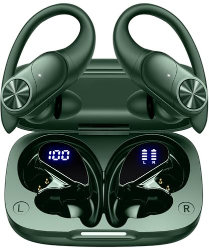 PocBuds Bluetooth Headphones Wireless Earbuds 80hrs Playtime Wireless Charging Case Digital Display Sports Ear Buds with Earhook Deep Bass IPX7 Waterproof Over-Ear Earphones for TV Phone Laptop Olive - color: Olive, style: Standard